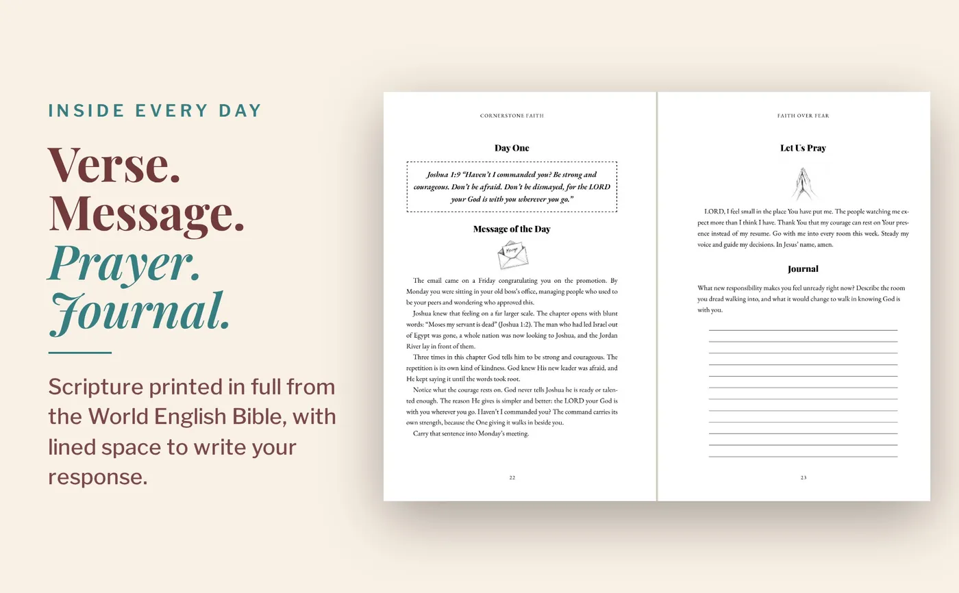 Sample two-page day from Faith Over Fear: verse, message, prayer and journal lines
