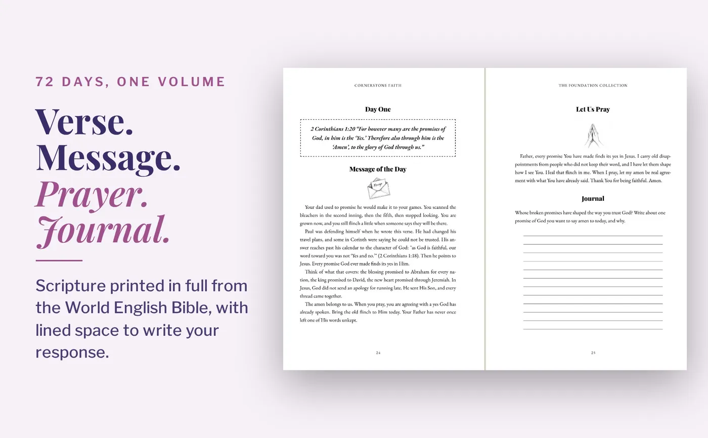 Sample two-page day from The Foundation Collection: verse, message, prayer and journal lines