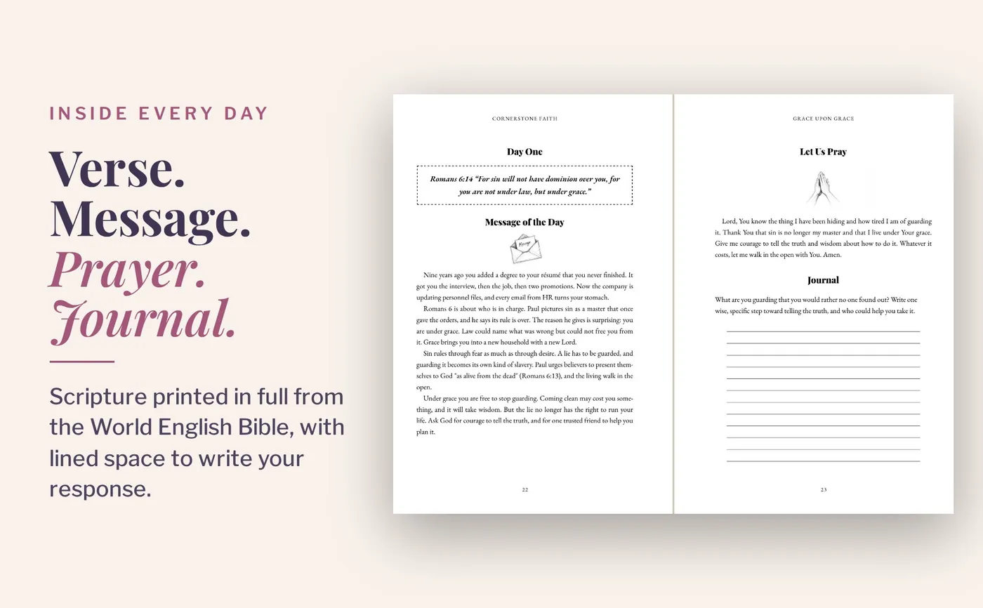 Sample two-page day from Grace Upon Grace: verse, message, prayer and journal lines