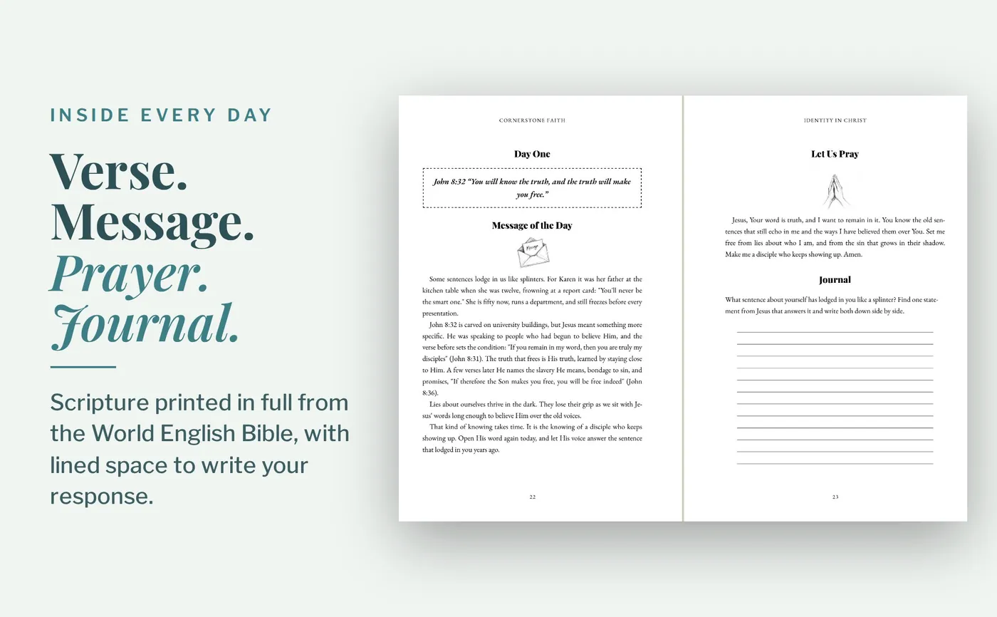 Sample two-page day from Identity in Christ: verse, message, prayer and journal lines