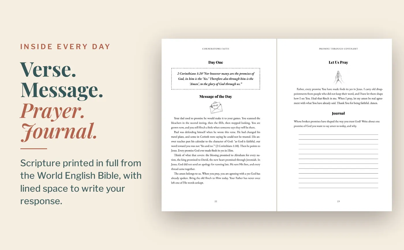 Sample two-page day from Promise Through Covenant: verse, message, prayer and journal lines