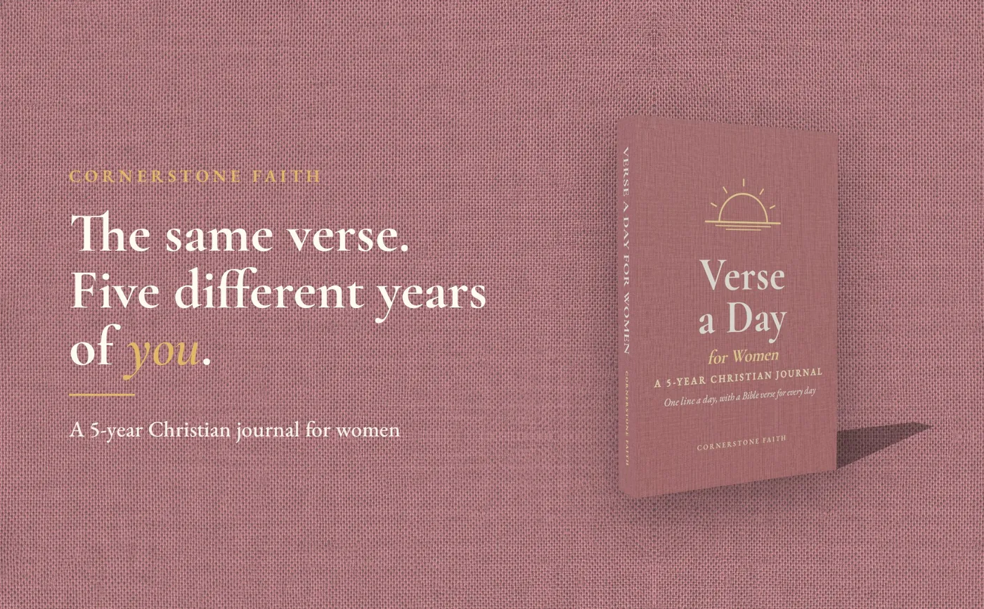 Verse a Day for Women paperback in dusty rose linen beside: The same verse, five years of you