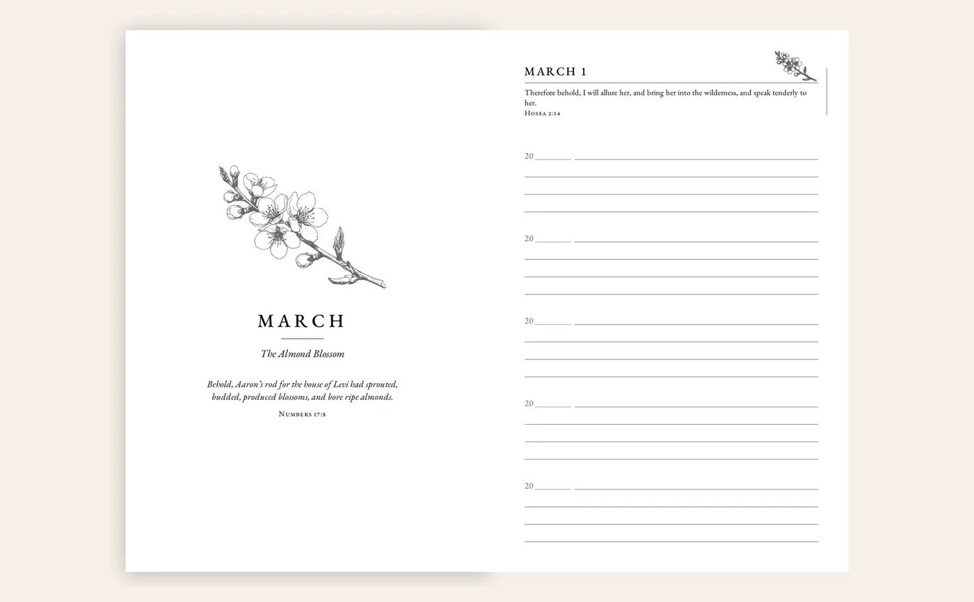 Open journal showing the March opener with an almond blossom drawing beside the March 1 page