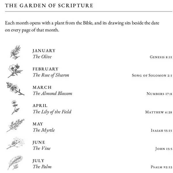 The Garden of Scripture page listing the twelve plants and their verses