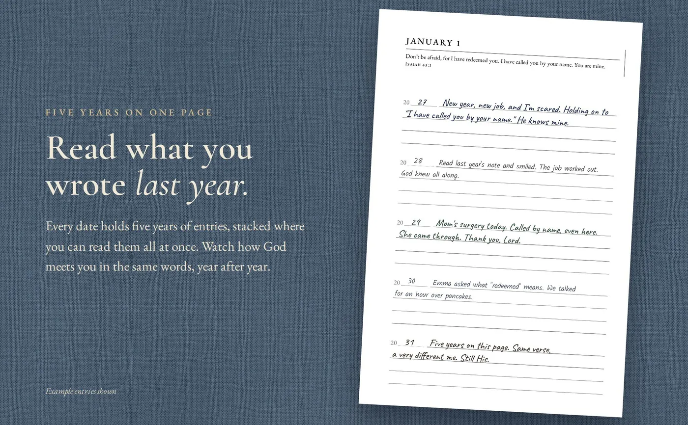 January 1 page filled with five years of handwritten example entries