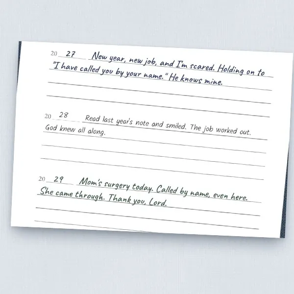 Close-up of handwritten example entries for three different years